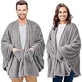 Breathffy 2 Pcs Fleece Wearable Blanket Winter Wrap Shawl with Pockets 58'' x 64'' Poncho Cape Warm Gifts for Adult Women Men Office Lounge Sofa (Gray,Fluff Polyester)