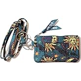 ID Case Wallet with Lanyard - Women's Fashion ID Holder Keychain (Sun Moon)