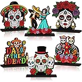 Yuntau 6 Pcs Day of The Dead Decorations Dia De Los Muertos Wooden Table Centerpiece Sugar Skull Dancing Ghost Skeleton Couple Cat Tabletop Signs for Day of The Dead Halloween Mexican Party Decor
