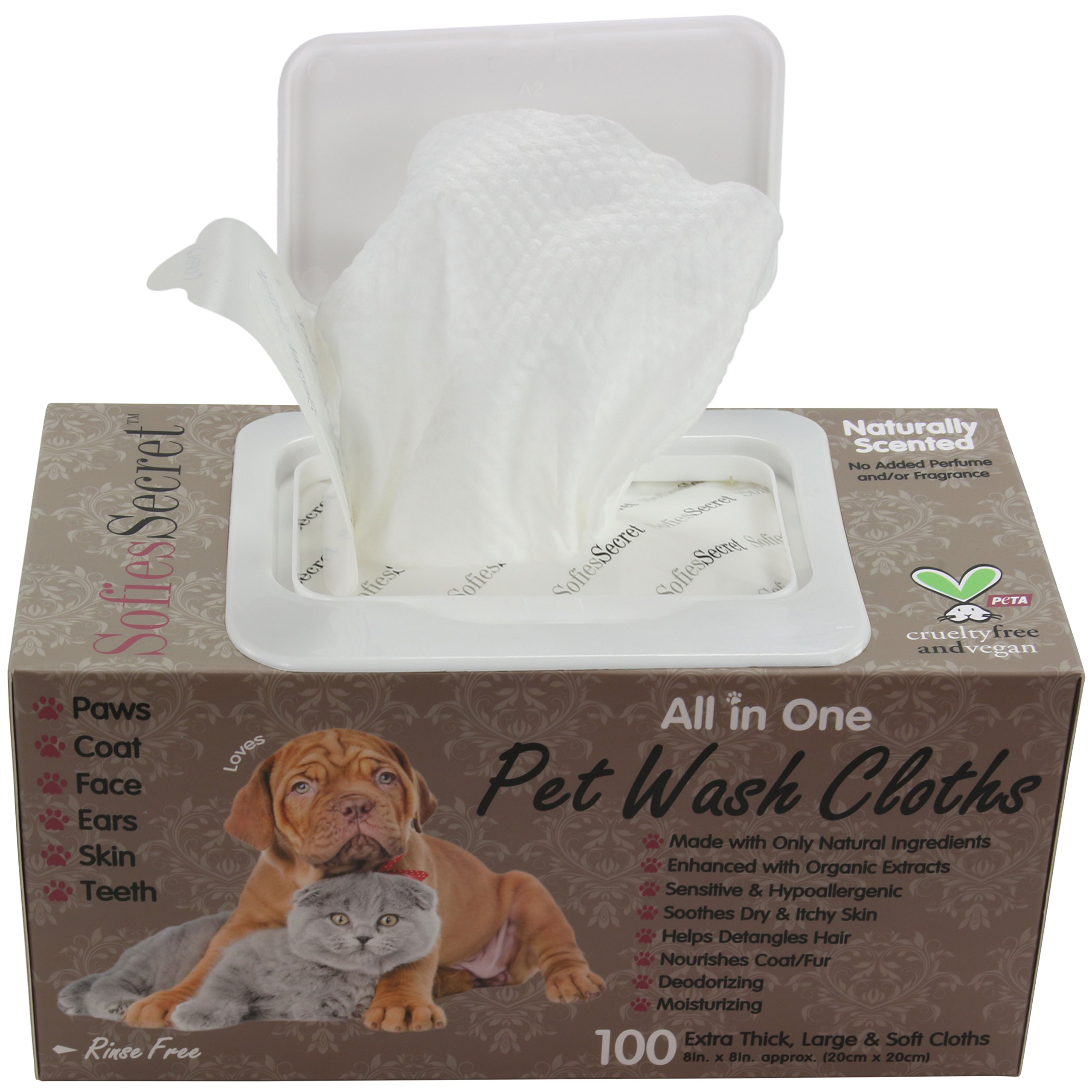 SofiesSecret Pet Wipes for Dogs+Cats ALL IN ONE,PP LID 100 Count, 100