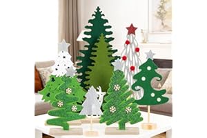SUNBEAUTY Christmas Table Decorations 7PCS Mini Christmas Trees Felt Centerpieces for Table Decoration with Wooden Base Christmas Tabletop Home Holiday Xmas Party Decor