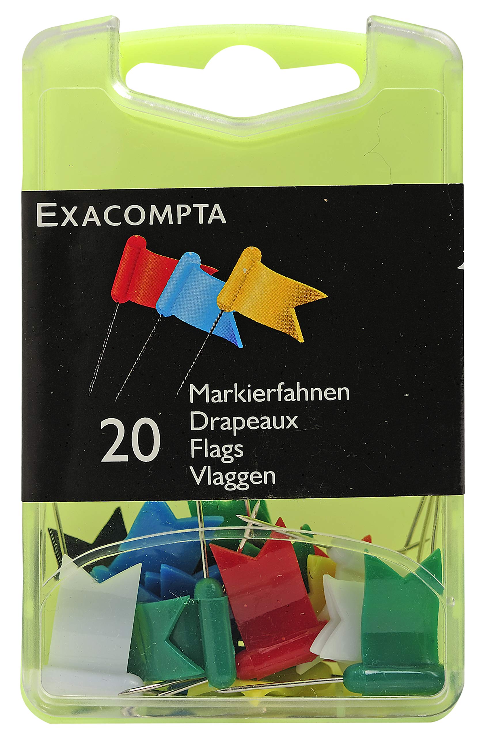Exacompta - Ref 14099E - Flag Pins (Pack of 20) - 16mm Height in Size - Suitable for Pinboards or Corkboards in Offices, Homes & Businesses - Assorted Colours
