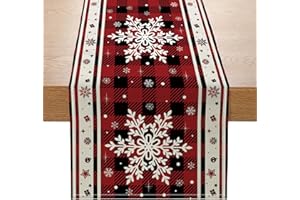 ONFAON Christmas Decorations -Snowflakes Christmas Table Runner with Buffalo Plaid, Seasonal Winter Xmas Holiday Kitchen Dining Table Decoration for Indoor Outdoor Home Party Decor 13 x 72 Inch