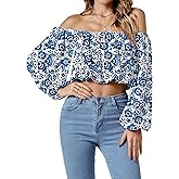 Umenlele Women’s Casual Off Shoulder Ruched Lantern Long Sleeve Crop Top Blouse Shirt