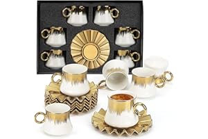 Turkish Coffee Cup Set of 6,3.5oz Ottoman-Style Ceramic Tea Cups and Saucers with Golden Trim and Gift Box,Dishwasher & Freez
