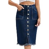 CIMUK Women's Denim Skirt Knee Length Raw Hem Button Down Pencil Skirts