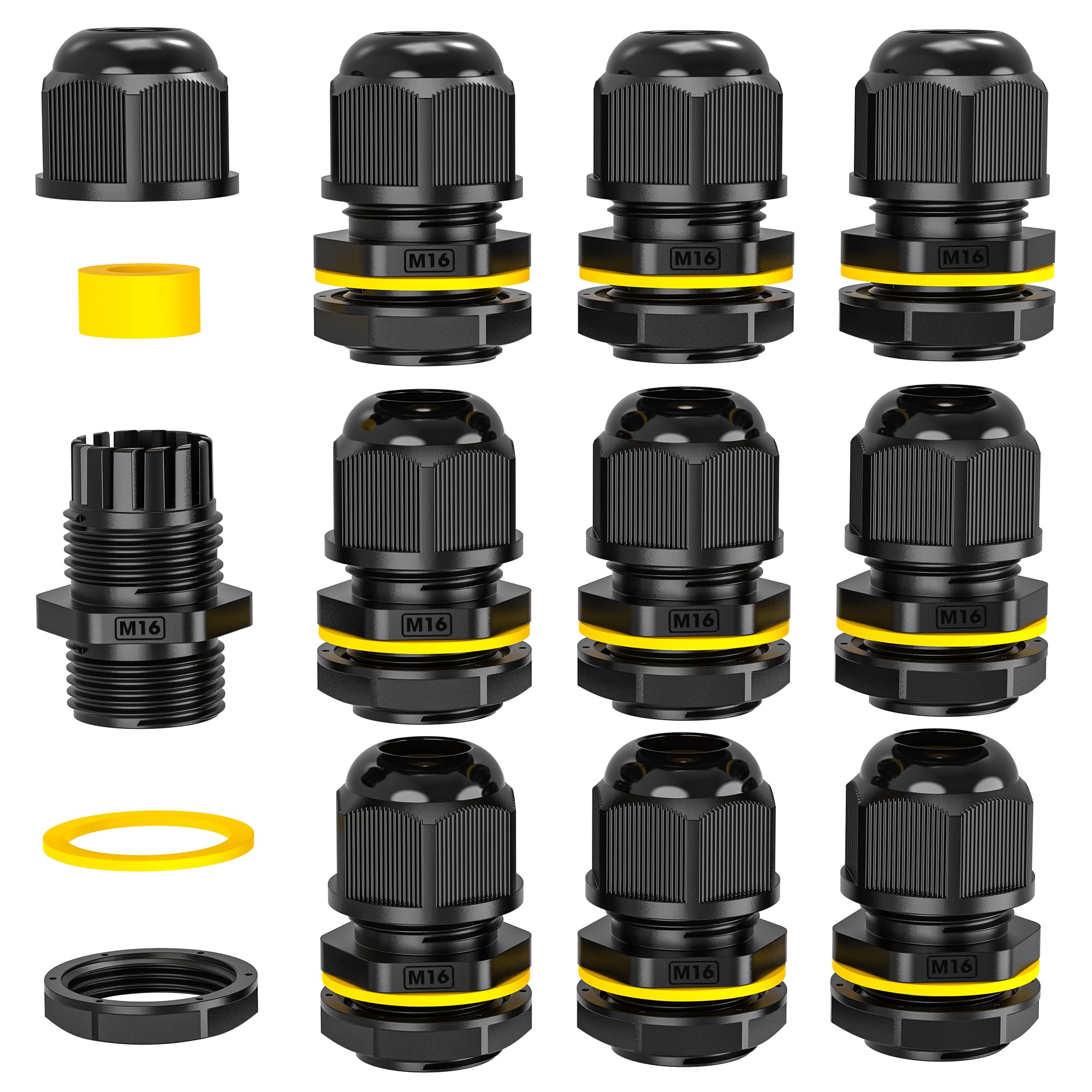 PEBA® IP68 Waterproof Black Cable Glands 16mm, M16 x 1.5 Outdoor Electrical Box Cable Gland, Suitable for 4mm - 8mm Cables, Cable Compression Glands with Locknut, Black Cable Glands Joints
