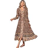 R.Vivimos Women's Long Sleeve Boho Midi Dress V Neck Floral Print Casual Button Down Loose Ruffle Beach Long Dress with Belt