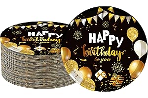 GOGUOGOFA 50 Pcs Black and Gold Birthday Party Supplies,Happy Birthday Party Plates 7" Black and Gold Plates,Cheer Birthday P