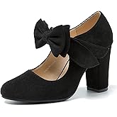 MAIERNISI JESSI Women's Mary Jane Pumps with Bow, 3.54 Inch Chunky Heel, Round Closed Toe Dress Shoes