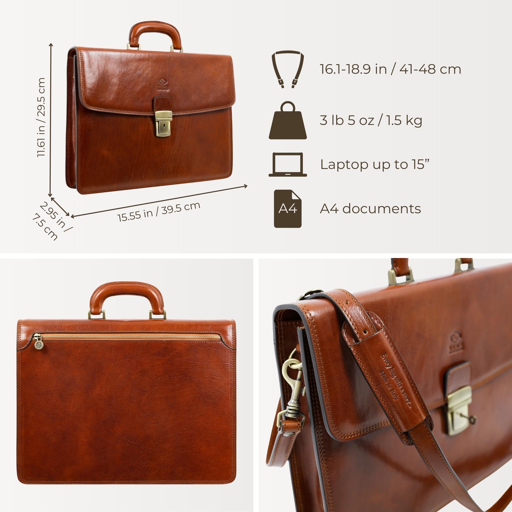 Time Resistance Leather Briefcase - Italian Handmade Leather Laptop Bag - Handbag for Men - Professional Computer Case