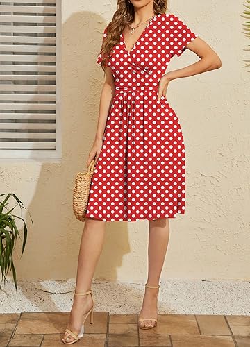 WEACZZY Women Summer Casual Short Sleeve Dresses Empire Waist Dress with  Pockets,White Dot Red,L in Dubai - UAE
