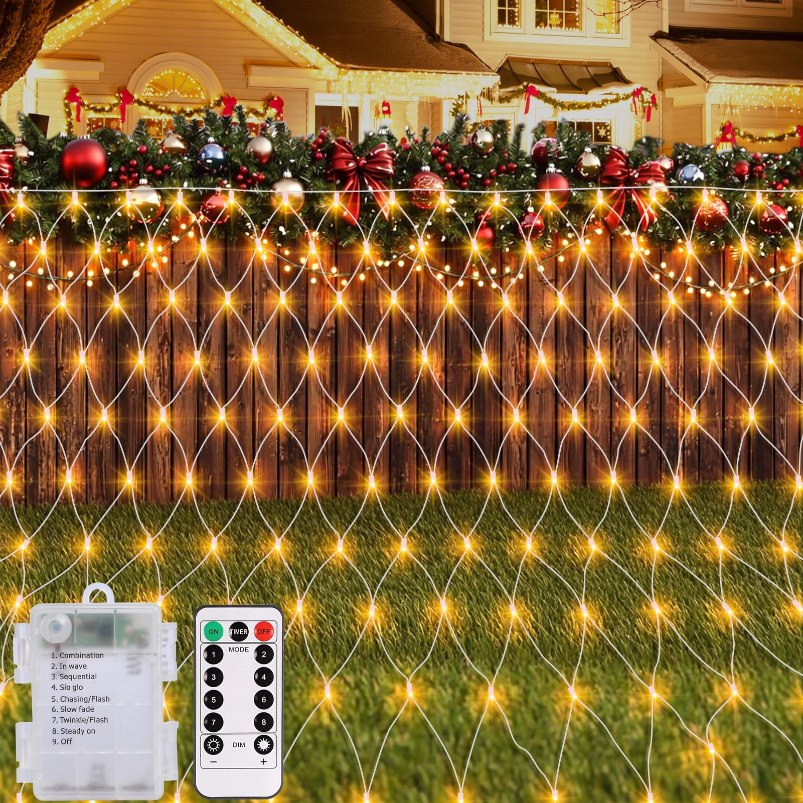 CCILAND 1.5m x 1.5m Garden Net Lights Warm White, 100 LED Battery Net Lights with 8 Modes Remote Timer Dimmable Patio Mesh String Lights for Bush Deck Fence Wall Party Wedding Christmas Decor