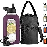 CIVAGO Half Gallon Glass Water Bottle with Straw and Insulated Bottle Holder Sling, 64 oz Motivational Water jug with Time Marker and Silicone Sleeve, Water Flask with 2 Lids, Mauve