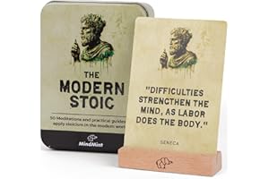 MindMint Daily Stoicism Affirmation Cards - 50 Stoic Life Change Quotes, Philosophy Gift for Men in Tin Box with Wood Stand - Desk Accessories Office Decor for Men - Inspirational & Motivational Cards