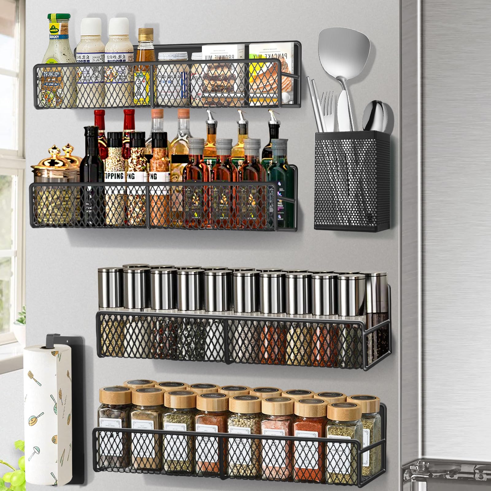 Magnetic Spice Rack for Refrigerator, 6 Pack 100% Metal Strong Magnet Shelf Black, Space Saving Spice Organizer, Home Kitchen Laundry Room Storage Organization W/ Paper Towel Holder, Utensils Racks