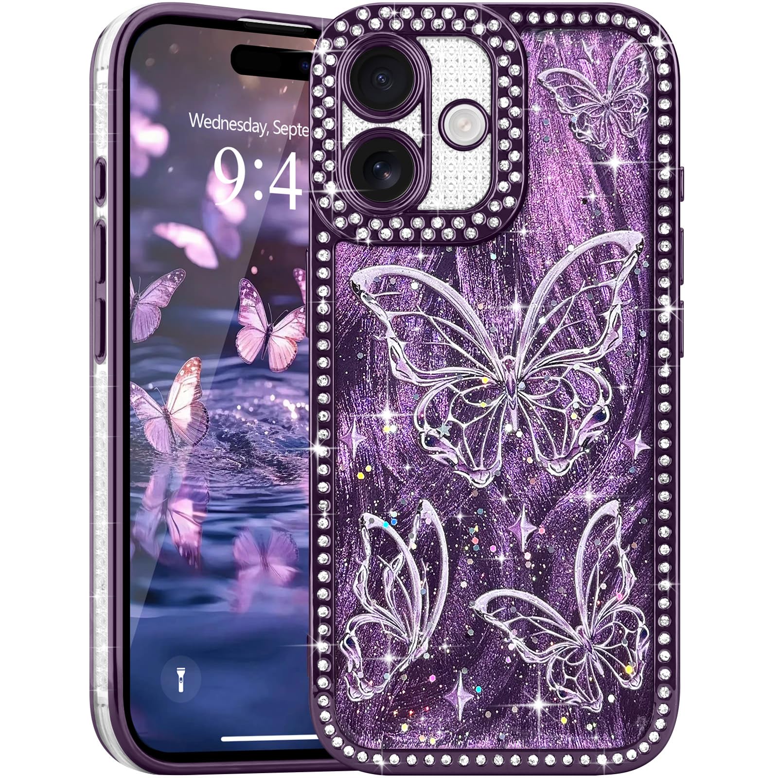 L-FADNUT for iPhone 16 Bling Butterfly Case, Cute Luxury Sparkle Glitter Diamond Crystal Rhinestone Protective Case Cover for Girls Women Kids Compatible with iPhone 16 6.1 Inch,Purple