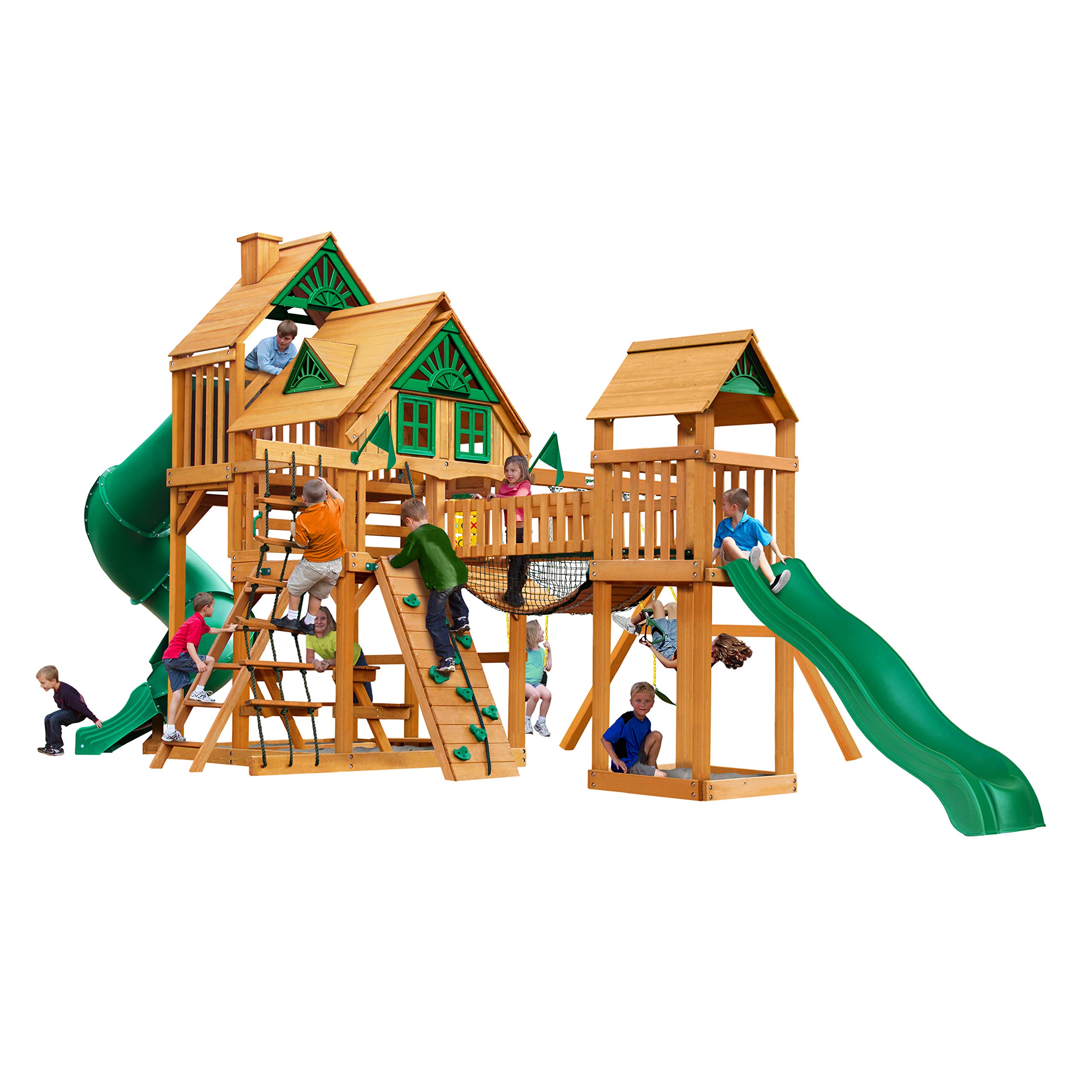 Photo 1 of *FOR PARTS ONLY/ NOT COMPLETE SET* Gorilla Playsets 01-1037-AP Treasure Trove Treehouse Wood Swing Set with Tube Slide, Built-in Sandbox Area, and Clatter Bridge, Amber