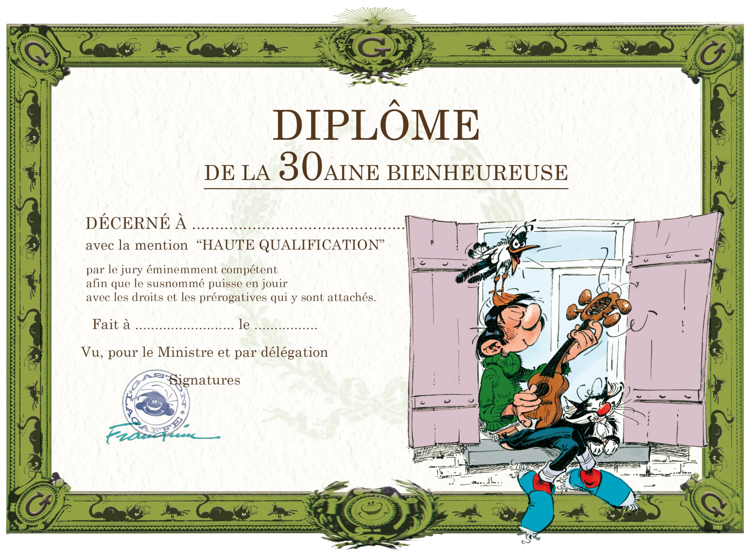 Gaston Lagaffe GLDP-7003 Double Card with Envelope - 30th Birthday Guitar on Window Music Singing Song Happy Birthday Animals Cat Seagull