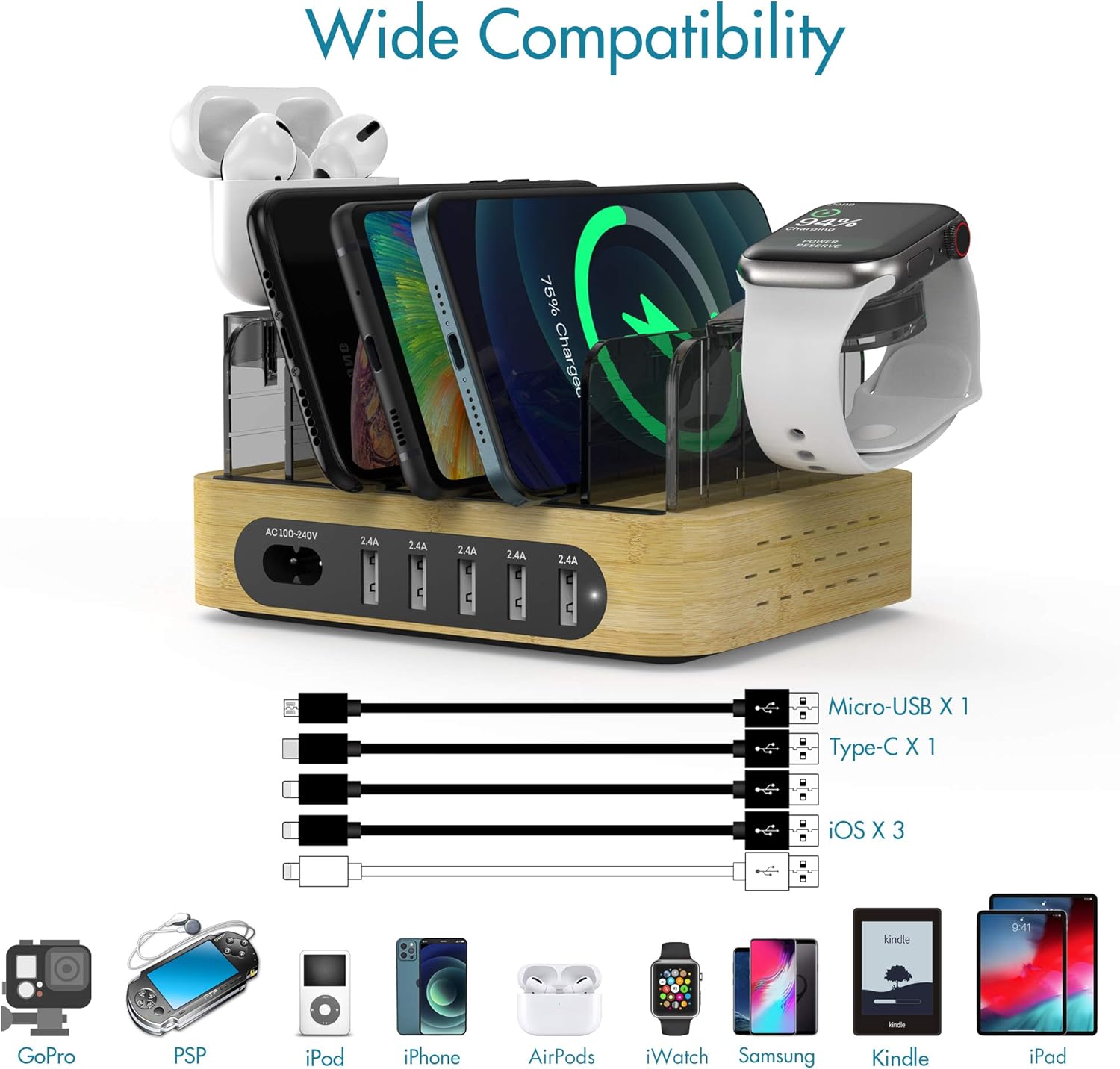 Bamboo Charging Station for Multiple Devices, 40W 5-Port Desktop USB Charger, Charging Stand Dock Compatible iPhone 11/Pro/Max, Galaxy S9/S8, iPad, Tablet and More (5 Charging Cables Included): Electronics