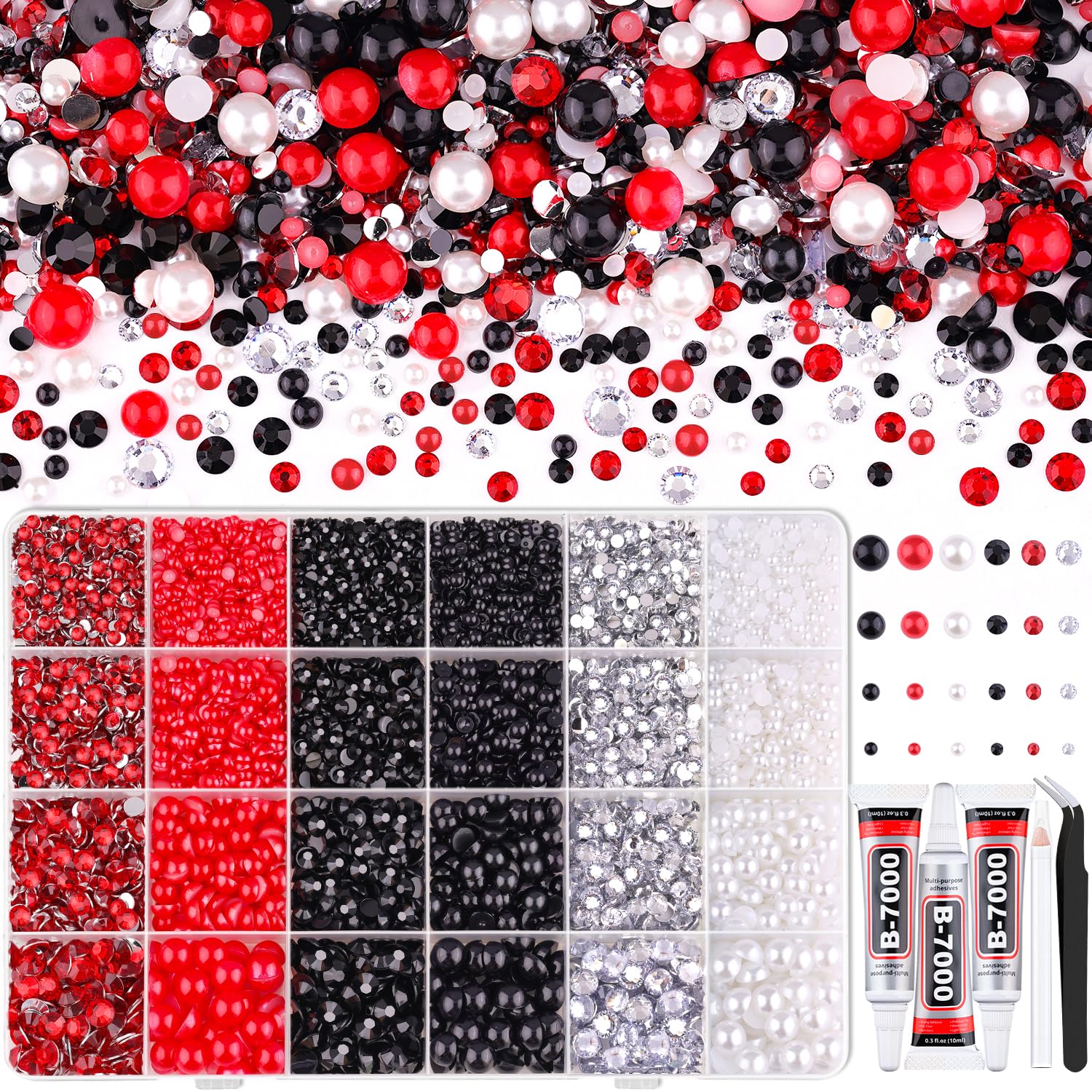 Photo 1 of 14000PCS Flatback Pearls and Rhinestones for Bedazzling Kit, Red White Black 3-10mm Resin Rhinestones and Half Pearls for Crafting, Nail Art Crafts Dec with 3pcs B7000 Jewelry Glue
