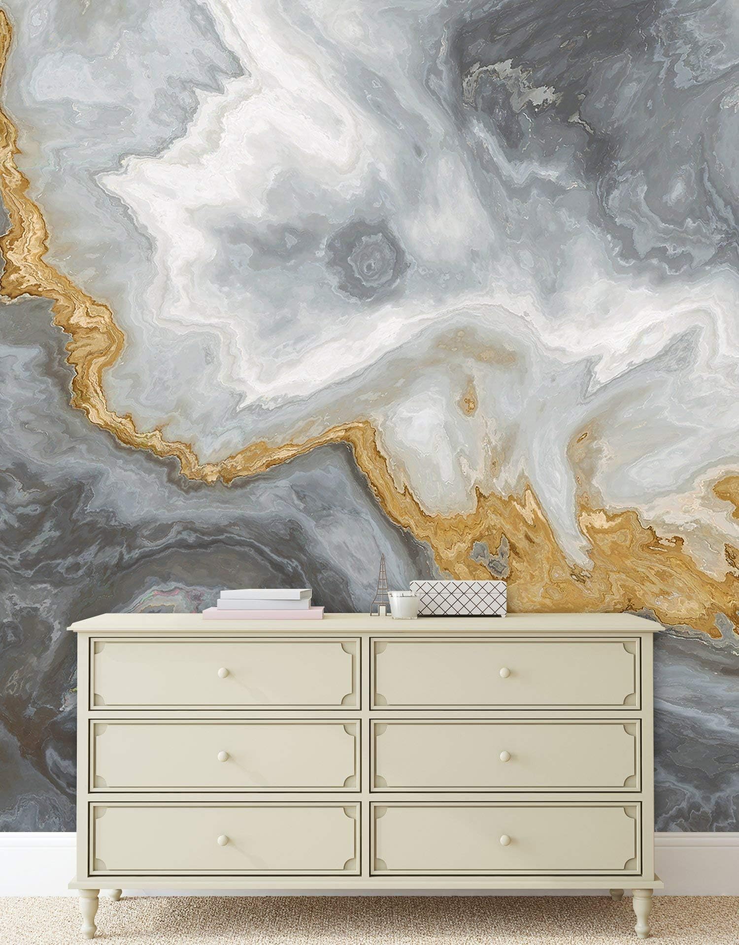 Gray and Gold Marble Stone Quartz Agate Peel and Stick Wallpaper Gold Splash Design | Removable Wall Mural. #6190. (9ft H X 4ft W)