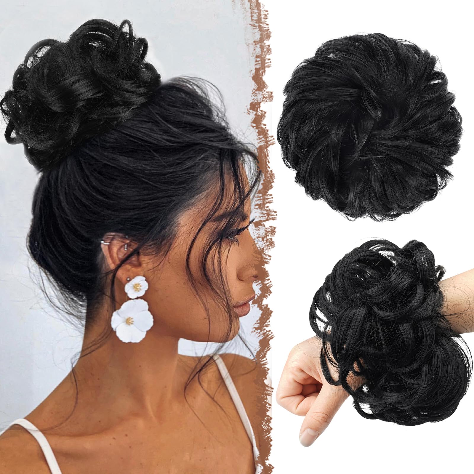 FESHFEN Messy Bun Hair Piece Hairs Scrunchies Thick Curly Wavy Pony Tail Synthetic Accessories Donut Updo Hairpieces for Women Girls 55g, Jet Black