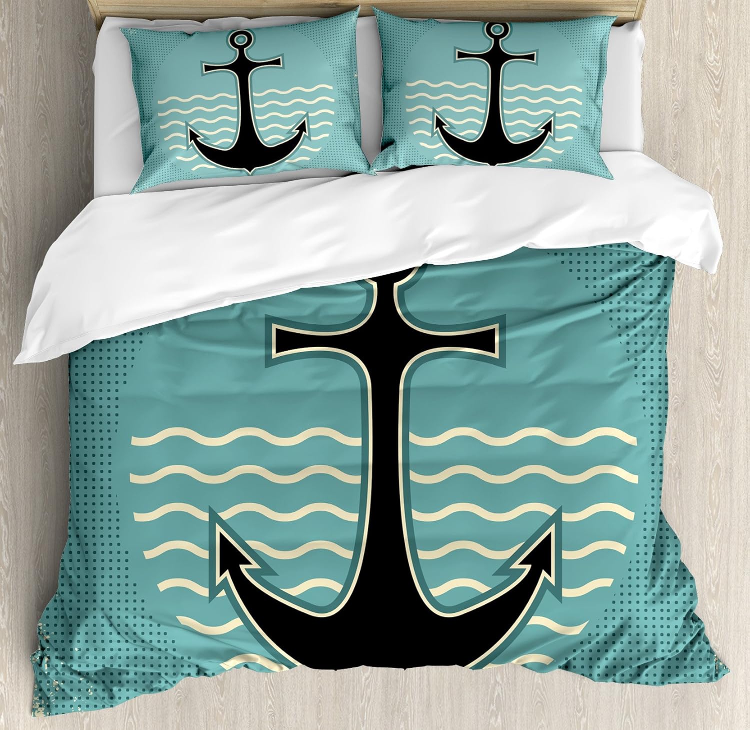 Ambesonne Anchor Duvet Cover Set Queen Size, Vintage Style Anchor Design with Wave Water Color Antique Nostalgic Sea Sign, Decorative 3 Piece Bedding Set with 2 Pillow Shams, Teal Black Yellow