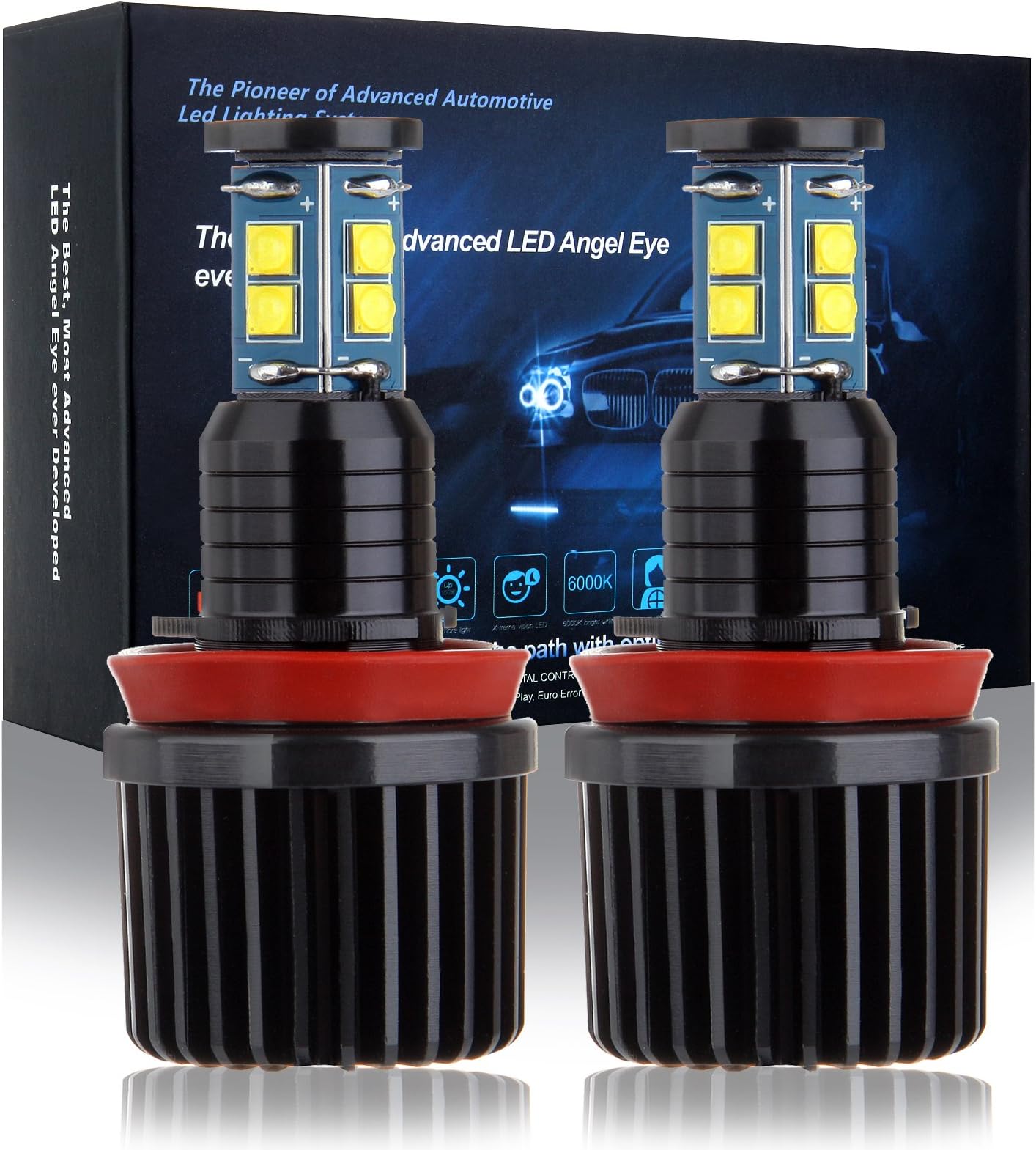 LSAILON Round 80W 8000Lm High/Low Beam with Ultra White Angel Eye Headlight Bulbs for BMW H8 E92,2PCS