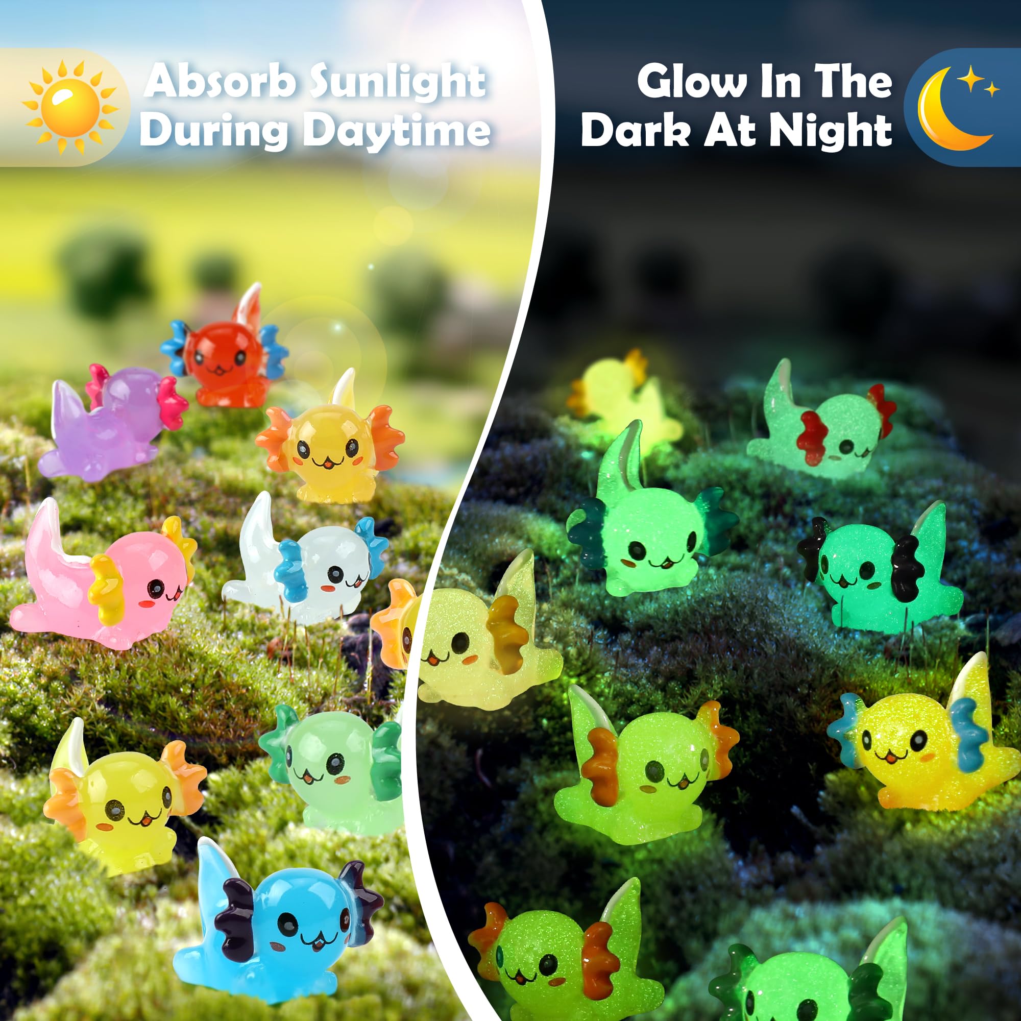 32 pcs Luminous Mini Resin Axolotl 8 Colors Glow in The Dark Tiny Small Little Resin Axolot to Hide Plastic Animal Figures for Garden Micro Landscape Aquarium Potted DIY Miniature Dollhouse Decor