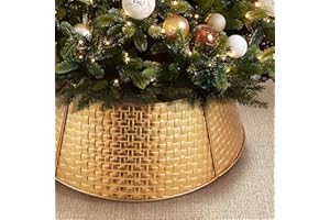 AWENDIETOU Christmas Tree Collar and Skirt Set - 23" Festive Holiday Decor with Gold Metal Tree Collar Base Stand - Ideal for Real or Artificial Trees - Christmas Skirt Tree Basket Decorations Gift Gold2