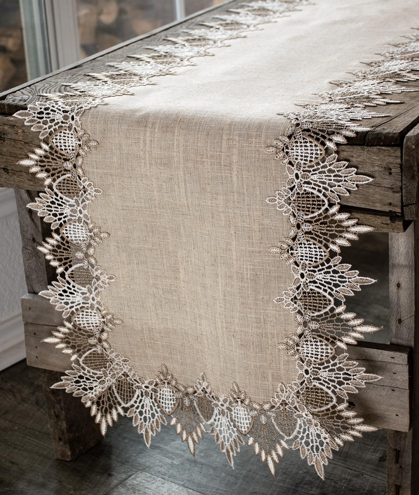 Linens, Art and Things Lace Runner 16 x 54 Inches Neutral Earth Tones Table Runner Dresser Scarf Coffee Table Runner