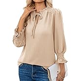 siliteelon Blouses for Women Dressy Casual 3/4 Length Sleeve Womens Tops Ruffle Collar Tie Front Lace Cute Spring Summer