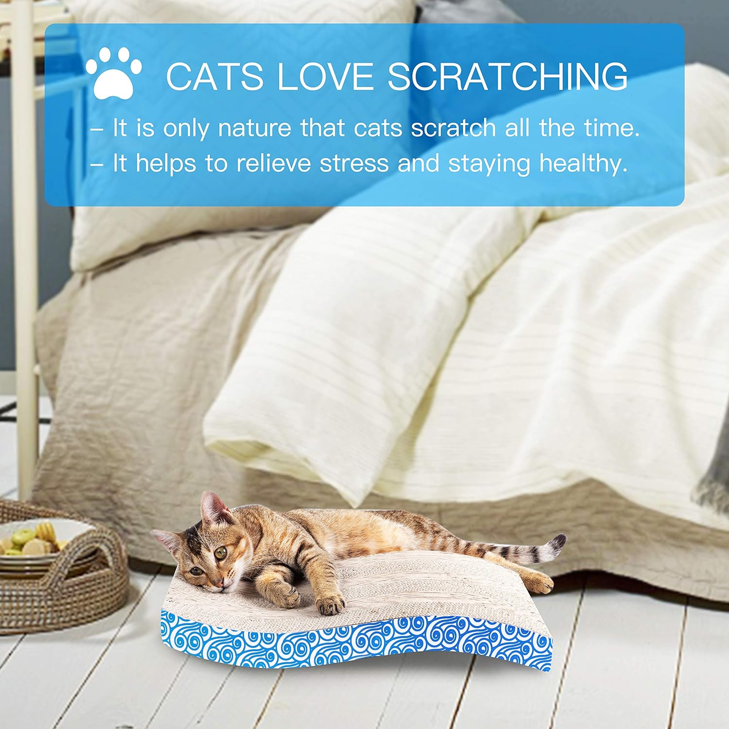 Karaseno Cat Scratch Pad, Cat Scratcher Cardboard, Cat Scratching Pad, Unique Double Texture Surface Durable Design, Wave Curved Shape, Reversible, with 100% Organic Catnip (Blue) : Pet Supplies