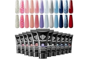 modelones Poly Extension Gel Kit 12 Colors Poly Nail Set All Seasons Colors Nude Pink Blue Glitter Builder Nail Gel French Manicure DIY Gifts for Women