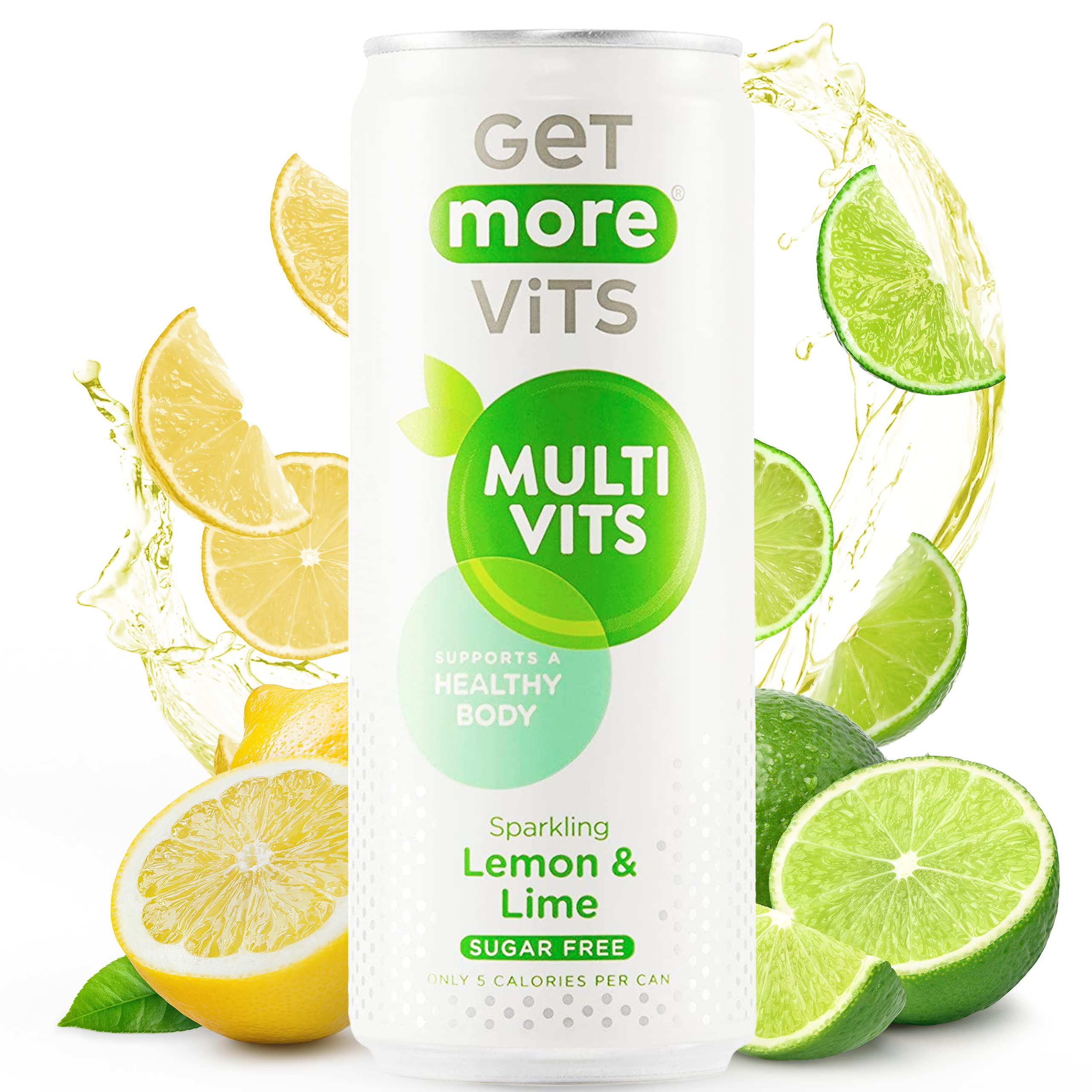 Get More Vits - Multi Vits Sparkling Lemon & Lime Spring Water (12 x 330ml), Sugar-Free, Low-Calorie, Natural Flavours, Supports a Healthy Body, Vitamin C, B1, B3, B5, B6, B7, B12 & D, Vegetarian