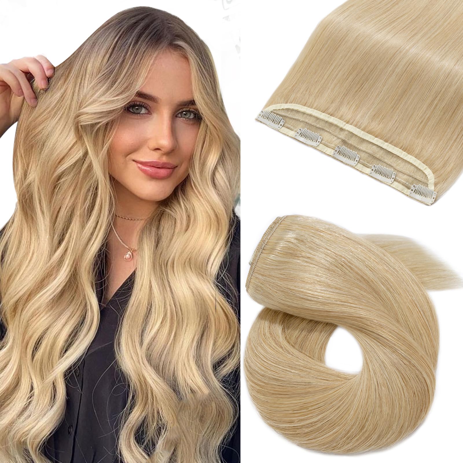 Silk-co Clip in Remy Hair Extensions 18inch Real Human Hair One Piece Clip on Hair Extensions Seamless #24 Natural Blonde 3/4 Half Head Natural Straight