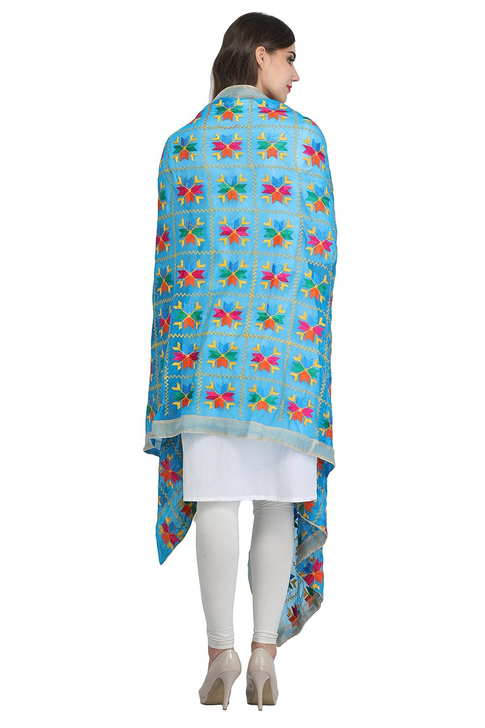 aksara women's chiffon phulkari embroidered dupatta (da619, blue, free size)