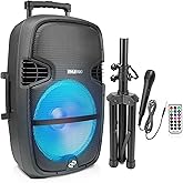 Pyle Portable Bluetooth PA Speaker System - 1000W Outdoor Speaker with 15" Subwoofer, USB/SD Reader, FM Radio, LED Lights, Wheels, Remote Control, Tripod, & Microphone Input