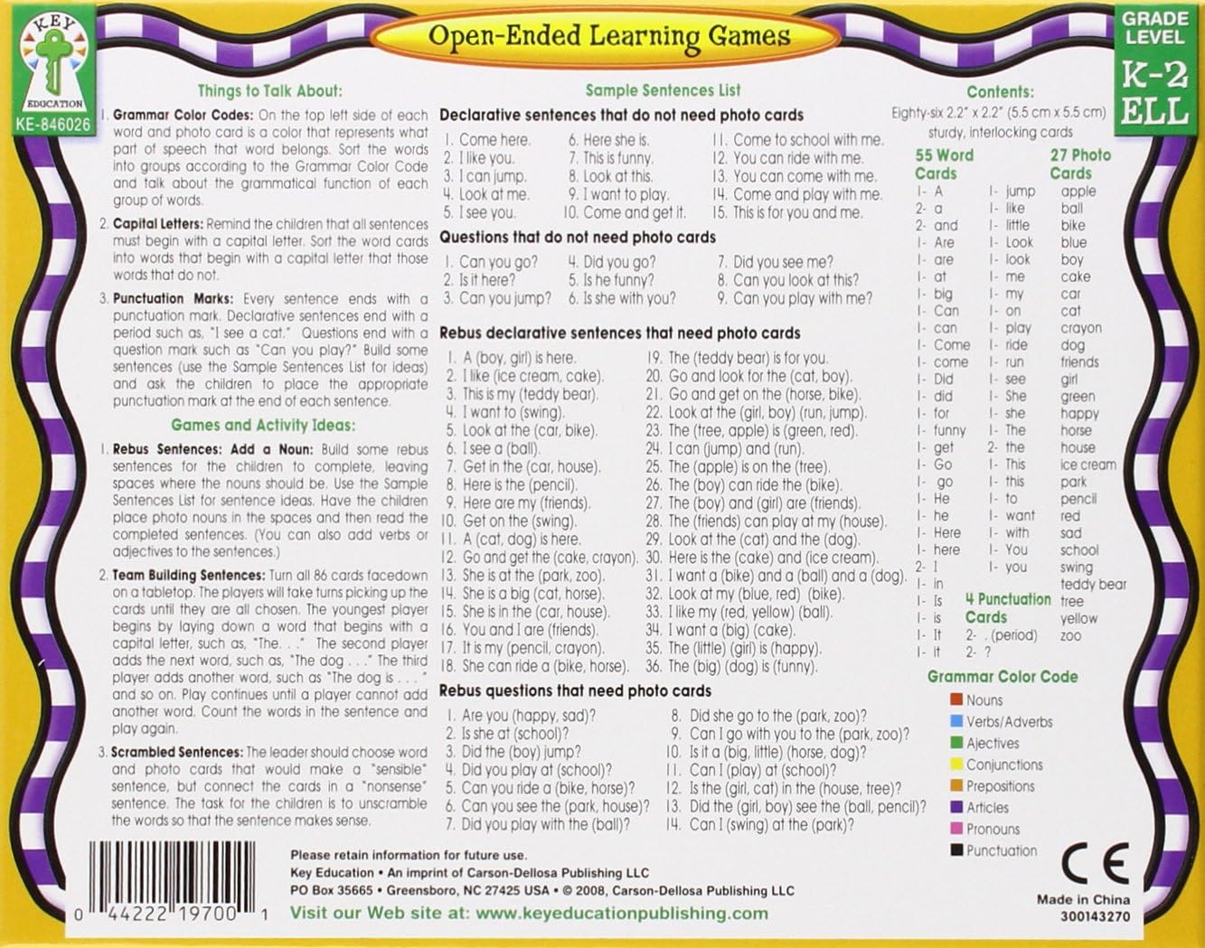 Carson Dellosa – Sentence Building Literacy Resource with 86 Cards for Language Arts For K, 1st, & 2ND Grade & Ell: Flora M.S., Sherrill B.: Toys & Games
