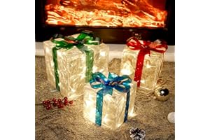 GUOOU Set of 3 Lighted Gift Boxes Christmas Decorations, 60 LED Transparent Lighted Boxes, Christmas Home Gift Box Decorations