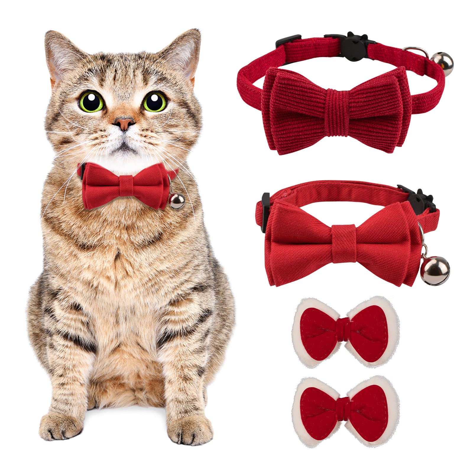 URROMA 2 Pieces Cat Collar with Bell and Bowtie, Adjustable Polyester Fiber Cat Collars Safety Bow Tie Solid Wedding Christmas Red Cat Bow Tie Collar, S