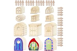 Halandar 56 Pcs Fairy Door & Window Craft Kit - Wooden Garden Doors, Mini Fences, Unpainted Miniature Accessories for Home Party Event Decor - DIY Fairy House Decorations (Antique)