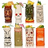 LEMONSODA Ceramic Hawaiian Tiki Glasses - Set of 8 - Tropical Drinkware Tiki Mugs for Cocktails, Barware & Luau Decor