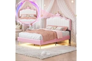 Linique Twin Size Upholstered Bed Frame with Under-Bed LED Lights, Modern Upholstered Princess Bed with Crown Headboard, White+Pink