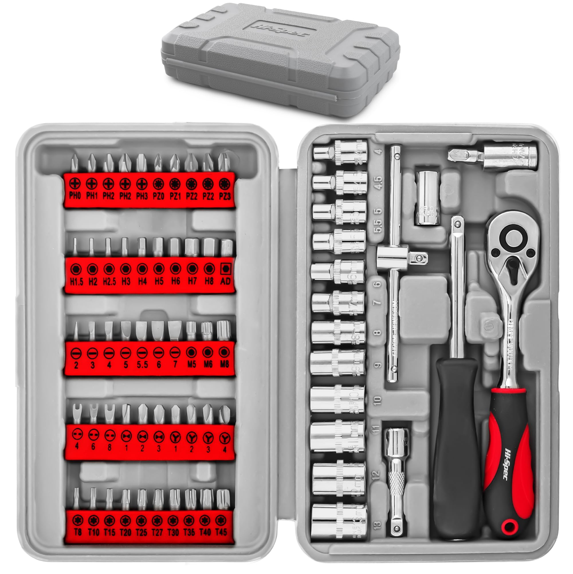 Hi-Spec 69pc Compact DIY Tool Kit Set in a Box Case. Home & Garage Screw Driver Bits, 1/4" Metric Sockets & Wrench Handles
