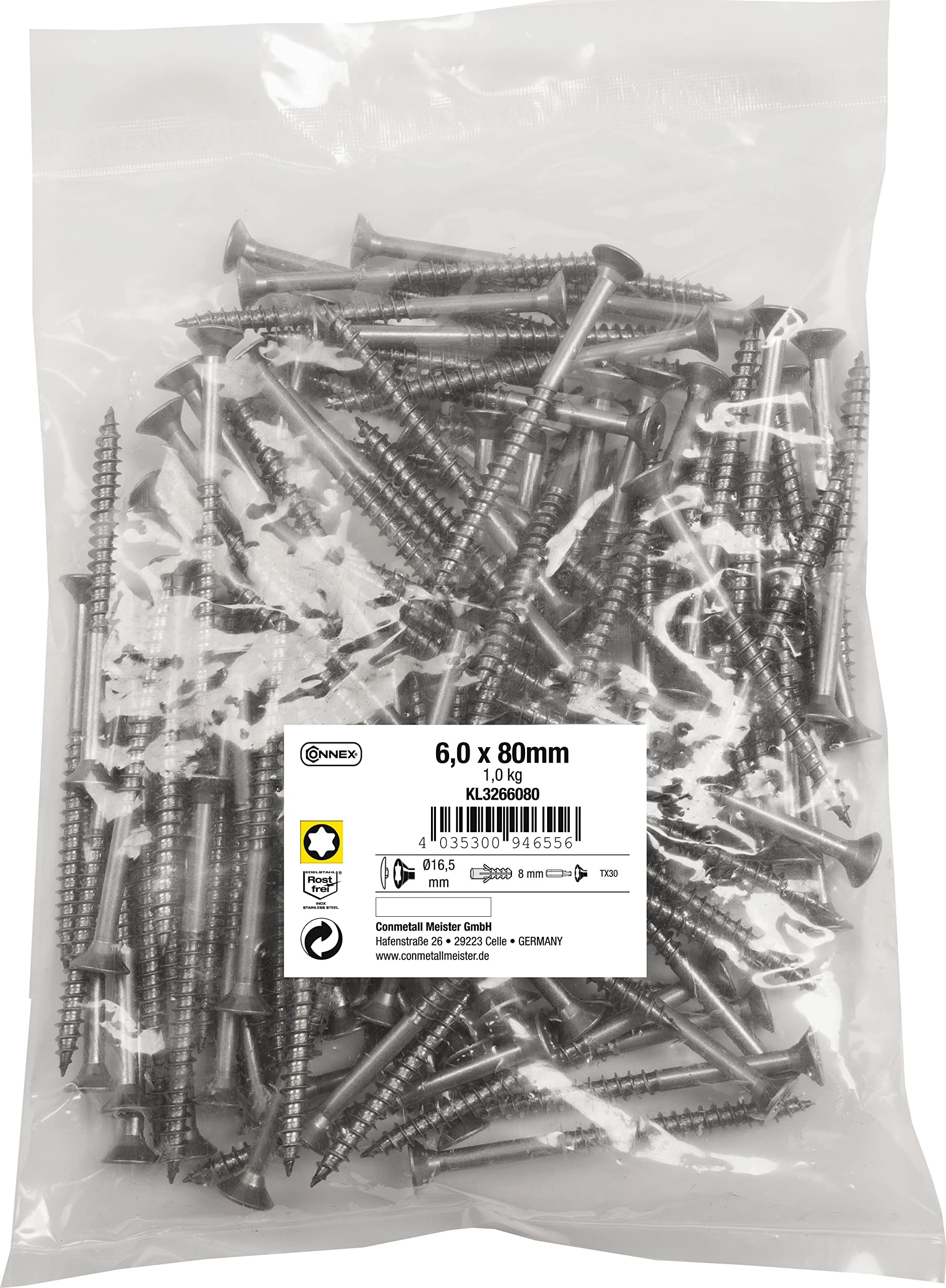 Connex KL3266080 Universal Screws 6.0 x 80 mm - 1 kg Bulk Pack - Countersunk Head - TX Drive - Partial Thread - Stainless Steel/Screw Set/Screws in Bag