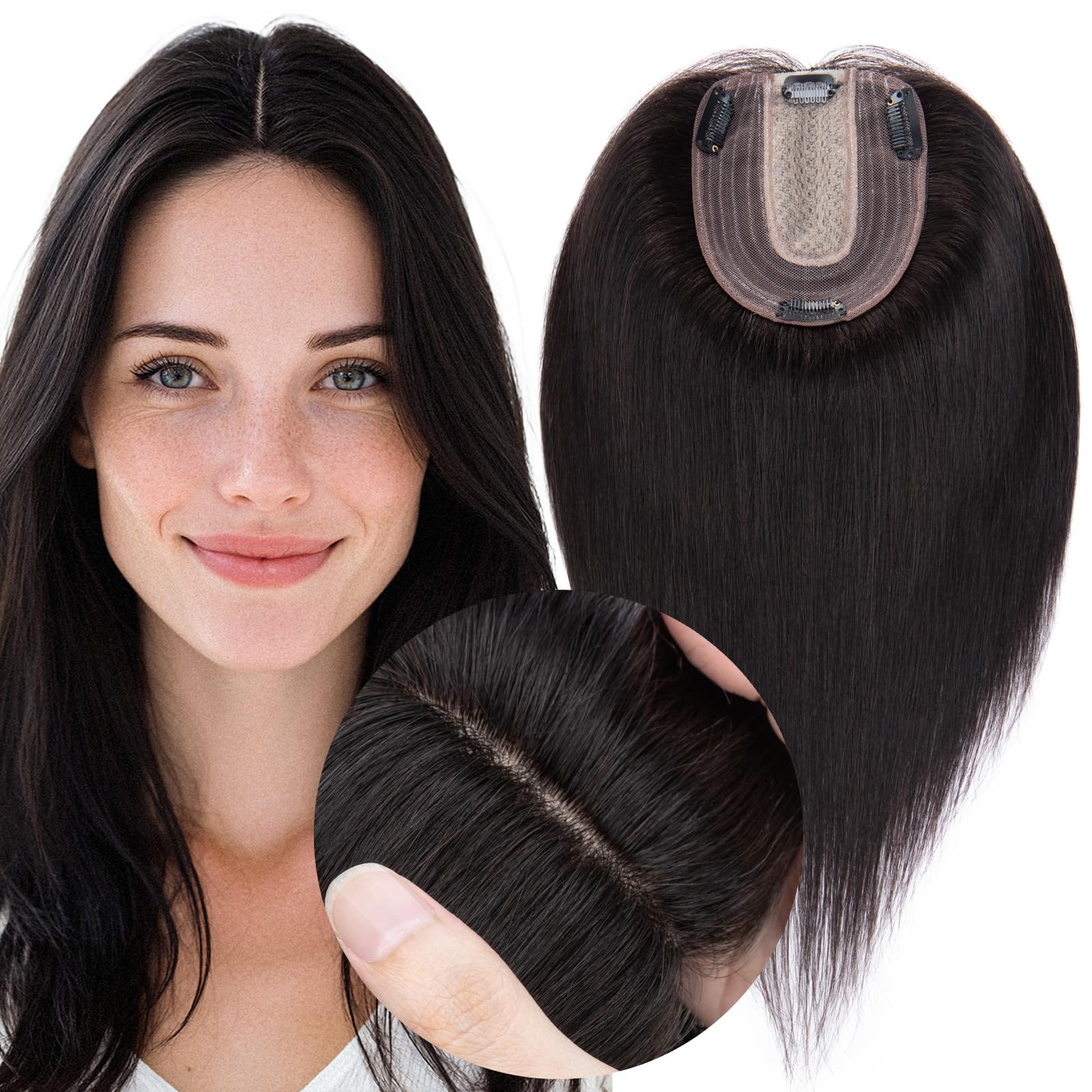 Photo 1 of MY-LADY Human Hair Toppers for Women Real Human Hair Thin 10 * 12CM Silk Base with Lace 130% Density Clip in Remy Hairpieces 18 Inch Natural Black