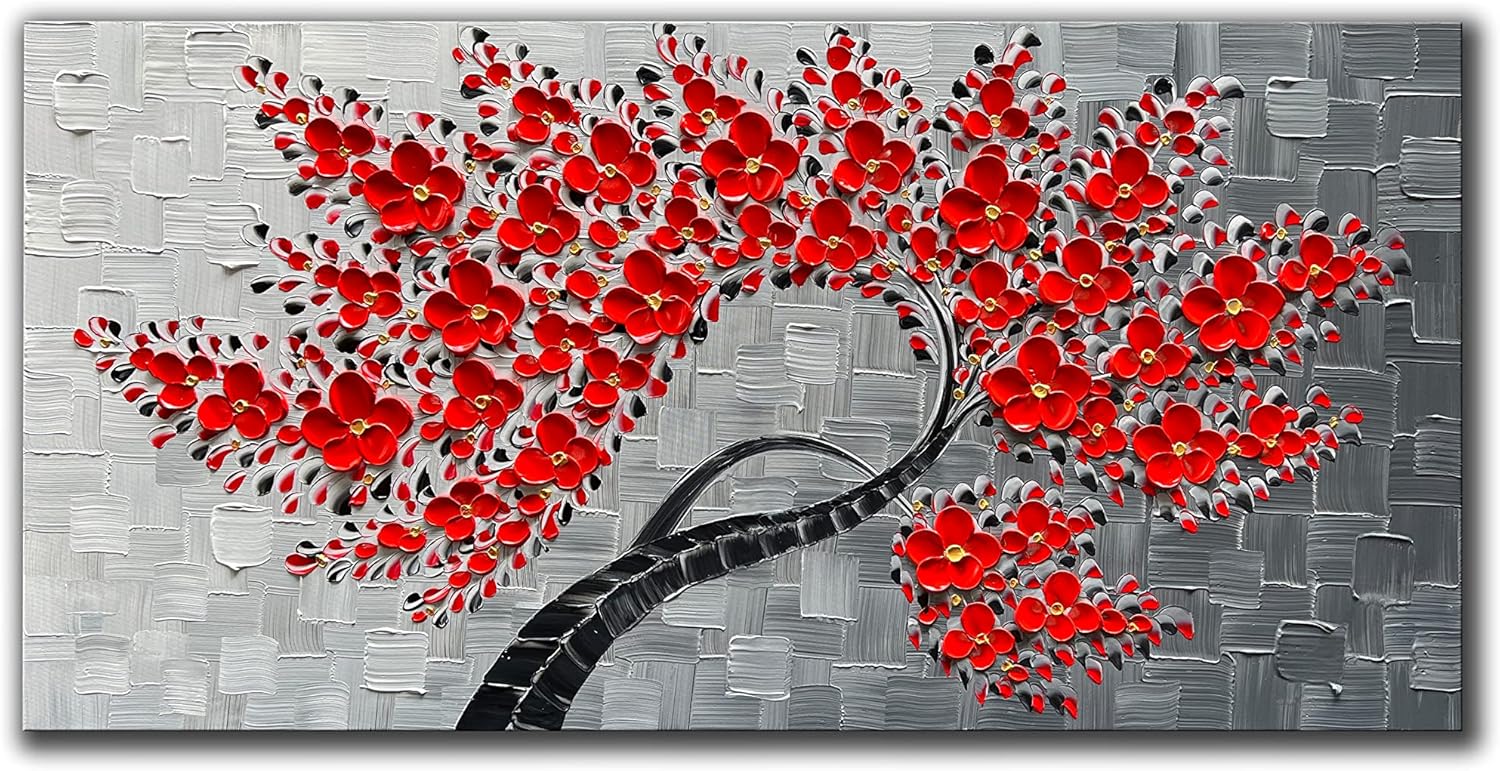 Paintings - JELRINR Oil Painting 3D Contemporary Art Handmade Oil Painting On Canvas Texture Red Flower Tree paintings Canvas Wall Abstract Artwork Home living Room Decor paintings 24x48 inch
