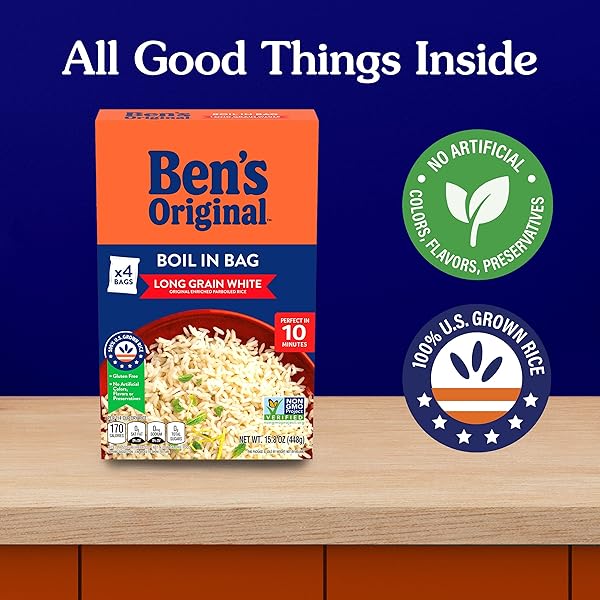BEN’S ORIGINAL ENRICHED PARBOILED LONG GRAIN WHITE RICE, BOIL IN BAG RICE, 15.8 OZ BOX (PACK OF 12)